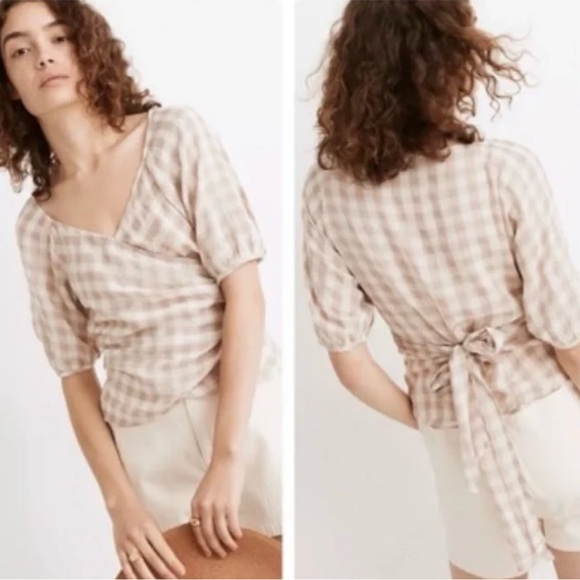 Madewell Tops - Madewell Plaid Wrap Top in Cream and Brown
